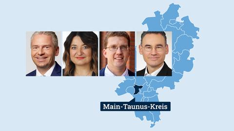 Kleine Portraits der vier Kandidierenden (3 Männer und 1 Frau) auf einer Hessenkarte, in welcher der Lankreis Main-Taunus dunkelblau eingefärbt ist.