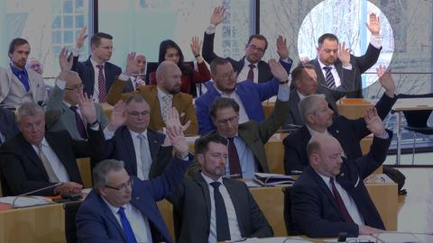 Die AfD-Fraktion im Landtag hebt die Hand zur Abstimmung. Sascha Herr ist hervorgehoben.