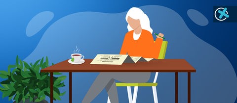 Illustration einer Frau, die zuhause an ihrem Tisch sitzt und einen Wahlzettel betrachtet