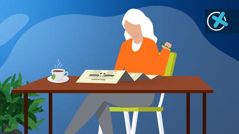 Illustration einer Frau, die zuhause an ihrem Tisch sitzt und einen Wahlzettel betrachtet