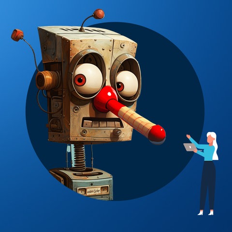 Vor einem blauen Hintergrund mit Verlauf und Wahlkreuz ist in einem dunkelblauen Kreis ein comichaft gezeichner Roboter mit einer langen Nase angeordnet, der verschämt zur Seite schaut. Davor eine kleine Figur in Wahldesignfarben mit Laptop in der Hand.