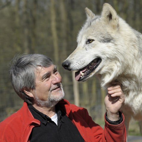 Der österreichische Verhaltensbiologe und Wolfsexperte Kurt Kotrschal und Wahllogo