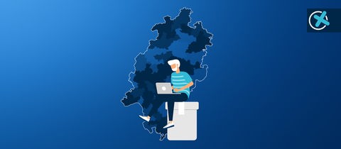 Eine Figur sitzt mit einem Laptop auf einer Wahlurne vor einer Hessenkarte. Die Illustration ist auf einem blauen Hintergund mit Verlauf und Wahlkreuz.