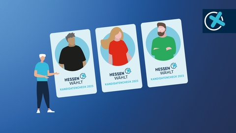 Drei Rechtecke ("Karten") mit drei verschiedenen abstrahierten Personen, jeweils in Parteifarben gekleidet. Auf den "Karten" steht neben einem Wahlkreuz "Hessen wählt - Kandidatencheck 2023". Neben diesen drei Karten/Profilen eine kleine Figur, die diese vorzustellen scheint.