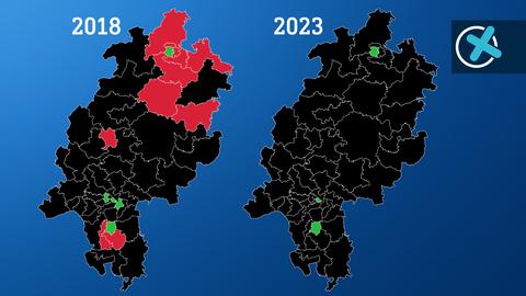 Zwei Hessenkarten zeigen die Verteilung der Wahlkreise bei den Hessischen Landtagswahlen 2018 und 2023.