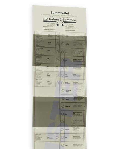 Ein langer Zettel mit zwei Spalten: Parteien und Namen der Direktkandidaten, die zur Wahl stehen.