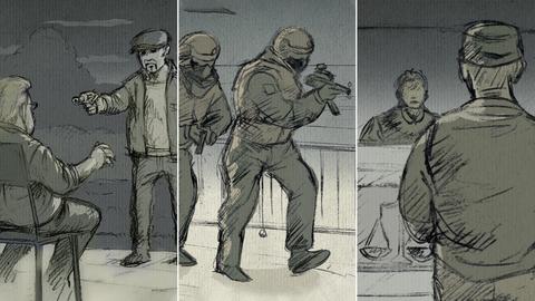 Drei Illustrationen der Illustratorin Inga Reichert in Kombination: Szene einer Ermordung, ein SEK-Einsatz, und ein Angeklagter vor Gericht.