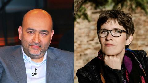 Zwei Portraits der grünen Politikerin Lührmann und des grünen Politikers Omnipour.