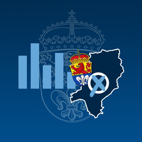 Grafik mit einer blau eingefärbten Fläche (Umriss der Stadt), dem Wappen der Stadt Darmstadt, einem Wahlkreuz und einem abstrahierten Säulendiagramm. Im Hintergrund eine dunkelblaue Fläche mit einem "Wasserzeichen", das Wappen der Stadt Darmstadt.