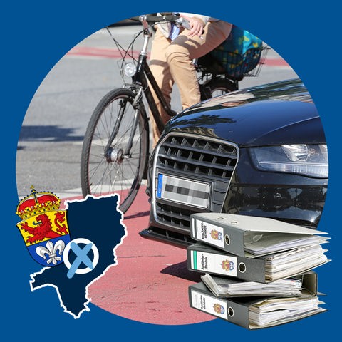 Collage aus verschiedenen Elementen: ein Foto mit einem Fahrrad und einem Auto, die nebeneinander auf einem Radweg stehen, ein Stapel mit Aktenordnern, auf denen "Ausländerbehörde Darmstadt" geschrieben steht - alles arrangiert um einen Kreisausschnitt auf dunkelblauer Fläche. Auf dem Bild eine kleine Grafik mit einer blau eingefärbten Fläche (Umriss der Stadt), dem Wappen der Stadt Darmstadt und einem Wahlkreuz.