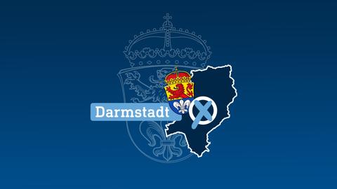 Grafik mit einer blau eingefärbten Fläche (Umriss der Stadt), dem Wappen der Stadt Darmstadt, einem Wahlkreuz und dem Wort "Darmstadt" auf einer hellblauen Fläche. Im Hintergrund eine dunkelblaue Fläche mit einem "Wasserzeichen", das Wappen der Stadt Darmstadt.
