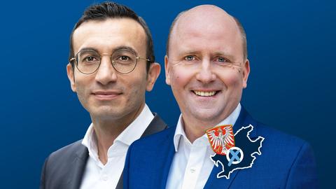 Portraits von Mike Josef und Uwe Becker nebeneinander. Auf der Collage eine kleine Grafik mit einer blau eingefärbten Fläche (Umriss Stadt Frankfurt), dem Wappen der Stadt Frankfurt und einem Wahlkreuz.