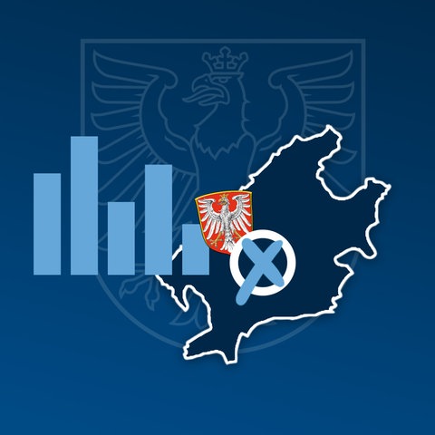 Grafik mit einer blau eingefärbten Fläche (Umriss Stadt Frankfurt), dem Wappen der Stadt Frankfurt, einem Wahlkreuz und einem abstrahierten Säulendiagramm. Im Hintergrund eine dunkelblaue Fläche mit einem "Wasserzeichen", das Wappen der Stadt Frankfurt.