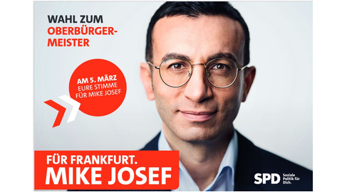 Das Gesicht von Mike Josef in Großaufnahme. Links davon in Weiß auf rotem Grund der Slogan: Für Frankfurt. Mike Josef.