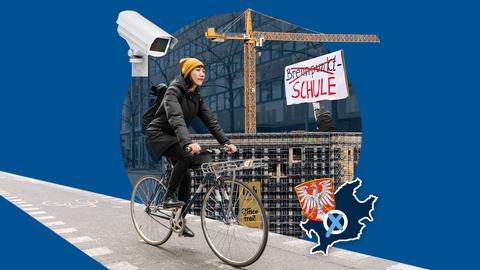 Collage aus verschiedenen Elementen: Überwachungskamera, Radfahrerin auf Radweg, Demo-Schild, auf welchem "Brennpunkt Schule" steht und einer Baustelle mit Kran. Darauf eine kleine Grafik mit einer blau eingefärbten Fläche (Umriss Stadt Frankfurt), dem Wappen der Stadt Frankfurt, einem Wahlkreuz und dem Wort "Frankfurt" auf einer hellblauen Fläche. Im Hintergrund eine dunkelblaue Fläche mit einem "Wasserzeichen", das Wappen der Stadt Frankfurt.