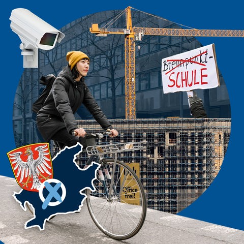 Collage aus verschiedenen Elementen: Überwachungskamera, Radfahrerin auf Radweg, Demo-Schild, auf welchem "Brennpunkt Schule" steht und einer Baustelle mit Kran. Darauf eine kleine Grafik mit einer blau eingefärbten Fläche (Umriss Stadt Frankfurt), dem Wappen der Stadt Frankfurt, einem Wahlkreuz und dem Wort "Frankfurt" auf einer hellblauen Fläche. Im Hintergrund eine dunkelblaue Fläche mit einem "Wasserzeichen", das Wappen der Stadt Frankfurt.