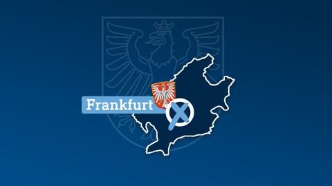 Grafik mit einer blau eingefärbten Fläche (Umriss Stadt Frankfurt), dem Wappen der Stadt Frankfurt, einem Wahlkreuz und dem Wort "Frankfurt" auf einer hellblauen Fläche. Im Hintergrund eine dunkelblaue Fläche mit einem "Wasserzeichen", das Wappen der Stadt Frankfurt.