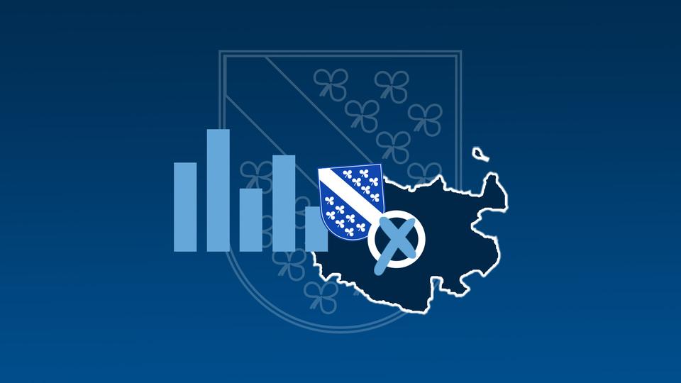 Grafik mit einer blau eingefärbten Fläche (Umriss der Stadt), dem Wappen der Stadt Kassel, einem Wahlkreuz und einem abstrahierten Säulendiagramm. Im Hintergrund eine dunkelblaue Fläche mit einem "Wasserzeichen", das Wappen der Stadt Kassel.