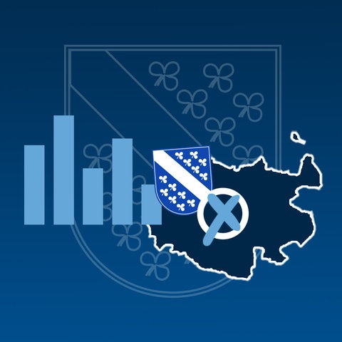 Grafik mit einer blau eingefärbten Fläche (Umriss der Stadt), dem Wappen der Stadt Kassel, einem Wahlkreuz und einem abstrahierten Säulendiagramm. Im Hintergrund eine dunkelblaue Fläche mit einem "Wasserzeichen", das Wappen der Stadt Kassel.