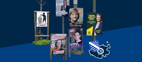 Collage von Wahlplakaten verschiedener Parteien. Auf dem Foto eine kleine Grafik mit einer blau eingefärbten Fläche (Umriss Stadt Kassel), dem Wappen der Stadt und einem Wahlkreuz.