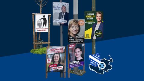 Collage von Wahlplakaten verschiedener Parteien. Auf dem Foto eine kleine Grafik mit einer blau eingefärbten Fläche (Umriss Stadt Kassel), dem Wappen der Stadt und einem Wahlkreuz.