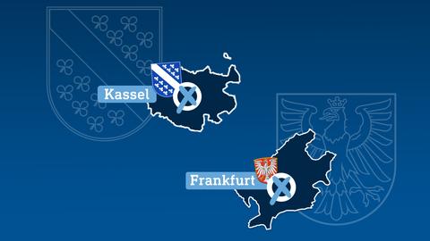 Stadtwappen Kassel und Frankfurt mit Stadtumriss und Wahlkreuz