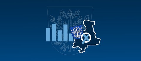 Auf blauem Hintergund mit Verlauf sind ein Offenbach-Wappen, ein Umriss der Stadt Offenbach und ein abstrahiertes Säulendiagramm zu sehen.