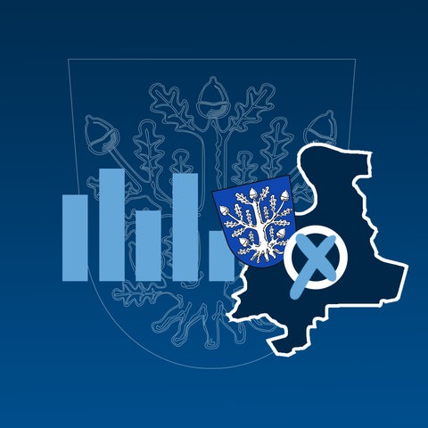 Auf blauem Hintergund mit Verlauf sind ein Offenbach-Wappen, ein Umriss der Stadt Offenbach und ein abstrahiertes Säulendiagramm zu sehen.