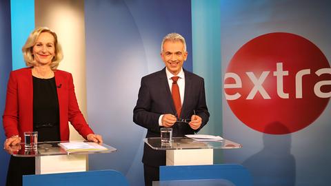 Bernadette Weyland (CDU) und Peter Feldmann (SPD) im TV-Duell.