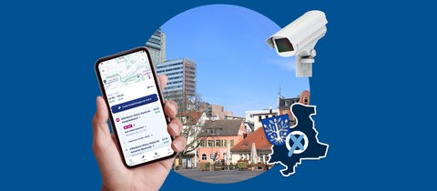 Um einen Kreis, in dessen Mitte ein Platz der Stadt Offenbach platziert ist, sind weiter eine Überwachungskamera, ein Smartphone mit der RMV-App und ein Wahl-Logo auf Grundlage des Offenbacher Wappens und Stadtumrisses angeordnet.