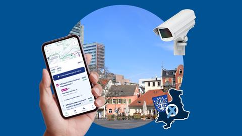 Um einen Kreis, in dessen Mitte ein Platz der Stadt Offenbach platziert ist, sind weiter eine Überwachungskamera, ein Smartphone mit der RMV-App und ein Wahl-Logo auf Grundlage des Offenbacher Wappens und Stadtumrisses angeordnet.