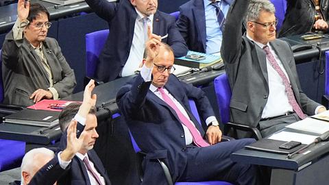 Patricia Lips im Bundestag hinter Kanzlerkandidat Merz - beide heben die Hände bei einer Abstimmung