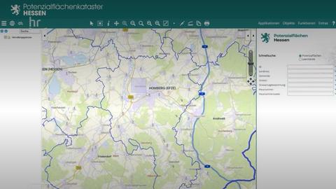 Das Bild zeigt einen Ausschnitt aus der Oberfläche des Potenzialflächenkatasters. Zu sehen ist eine Karte von Homberg (Efze).