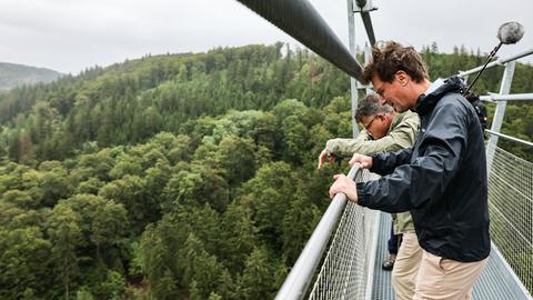 Zwei Männer blicken von Hängebrücke vor Wald in Abgrund