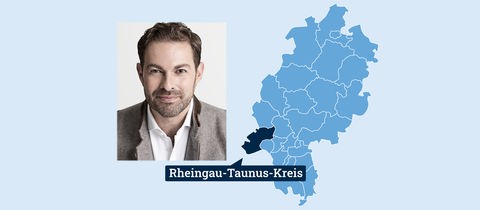 Grafik mit Hessenkarte - mit Einfärbung des Rheingau-Taunus-Kreises - und Portrait des Kandidaten Zehner