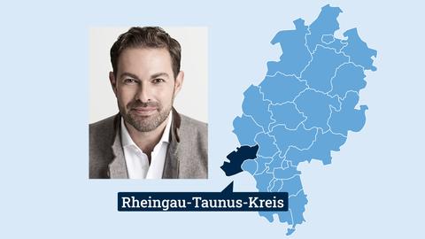 Grafik mit Hessenkarte - mit Einfärbung des Rheingau-Taunus-Kreises - und Portrait des Kandidaten Zehner