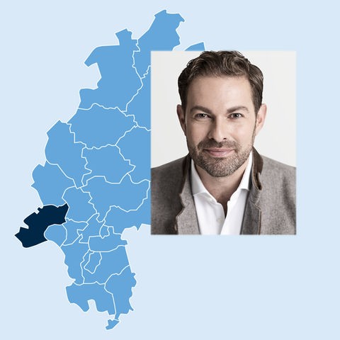 Grafik mit Hessenkarte - mit Einfärbung des Rheingau-Taunus-Kreises - und Portrait des Kandidaten Zehner