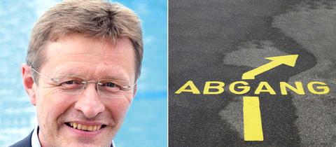 Bildkombination aus zwei Fotos: links Portrait Jörg König, rechts gelber Streifen auf Asphalt, dermit einem Pfeil nach rechts recht abbiegt. Daneben steht "ABGANG"