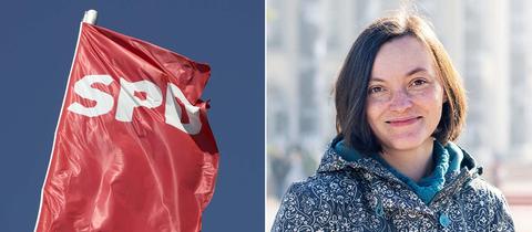 Bildkombo: links eine rote Fahne mit den Buchstaben "SPD" vor einem Haus, rechts Portrait von Isabel Carqueville.