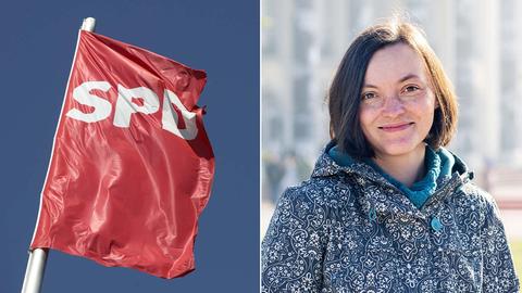 Bildkombo: links eine rote Fahne mit den Buchstaben "SPD" vor einem Haus, rechts Portrait von Isabel Carqueville.
