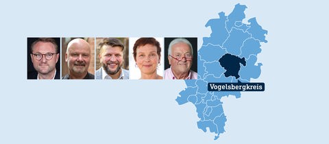 Hessenkarte - mit Einfärbung und Benennung des Vogelsbergkreises - und Portraits der Kandidierenden
