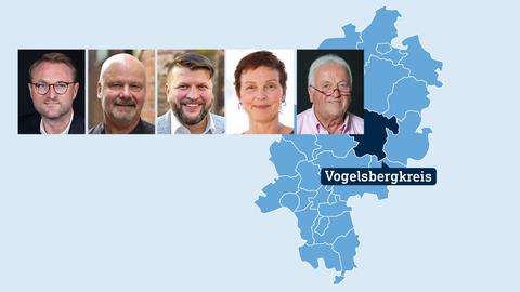 Hessenkarte - mit Einfärbung und Benennung des Vogelsbergkreises - und Portraits der Kandidierenden