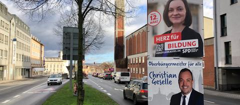 Wahlplakate von Isabel Carqueville (SPD) und Christian Geselle (SPD) hängen übereinander am Steinweg in Kassel.