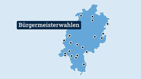 Vor hellblauem Hintergrund eine mittelblaue Hessenkarte mit vielen Ortspunkten. Daneben steht "Bürgermeisterwahlen".