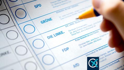 Ein Bundestagswahl-Stimmzettel in Detailaufnahme, daneben eine Hand, die einen Stift führt.