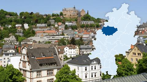 Das Oberzentrum Marburg - Blick über die Südstadt auf den Schlossberg mit Landgrafenschloss
