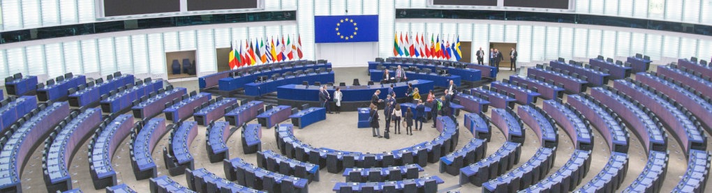 Foto eines großen Plenarsaals mit vielen blauen Sitzen und einer EU-Flagge hinter dem vorderen Pult. In der Mitte vor dem Stehpult für Vortragende stehen einige Menschen locker beisammen.