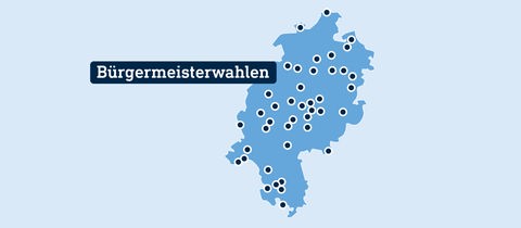 Eine Hessenkarte zeigt mit Punkten, wo im Oktober 2023 Bürgermeisterwahlen stattfinden