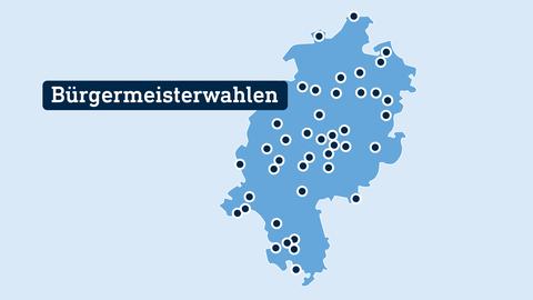 Eine Hessenkarte zeigt mit Punkten, wo im Oktober 2023 Bürgermeisterwahlen stattfinden