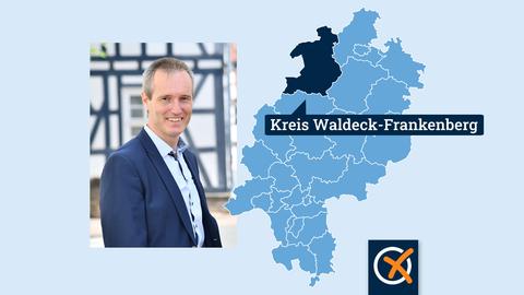 Portrait von Kandidat Van der Horst neben einer Hessenkarte mit Lokaliserung des Landkreises Waldeck-Frankenberg. 